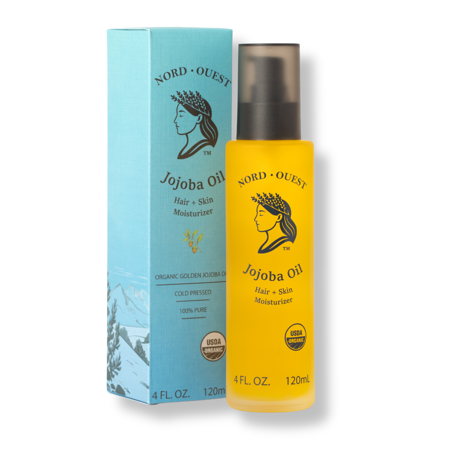 Nord-Ouest Jojoba Oil — bottle and packaging, front view